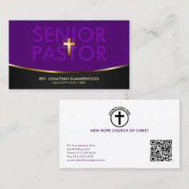 Tarjeta De Visita Elegante Pastor Senior Gold Cross & Wave Purple