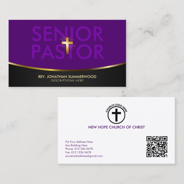 Tarjeta De Visita Elegante Pastor Senior Gold Cross & Wave Purple (Anverso / Reverso)