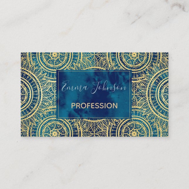 Tarjeta De Visita Elegante Patrón azul de girasol Mandala dorado (Anverso)