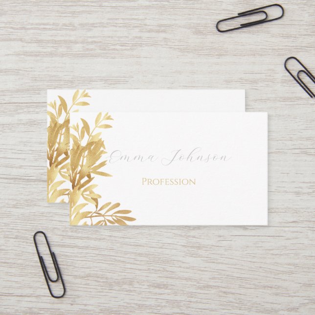 Tarjeta De Visita Elegante Patrón blanco de rama de olivo dorado (Anverso/Reverso In Situ)