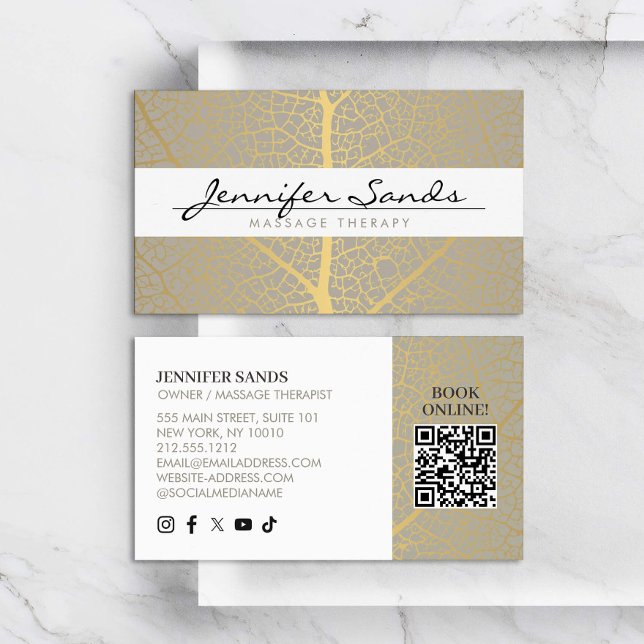 Tarjeta De Visita Elegante Patrón de árbol de hoja dorada Código QR (Subido por el creador)
