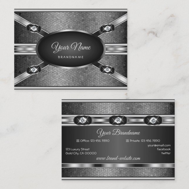Tarjeta De Visita Elegante patrón de efecto plateado y Diamantes de  (Anverso / Reverso)