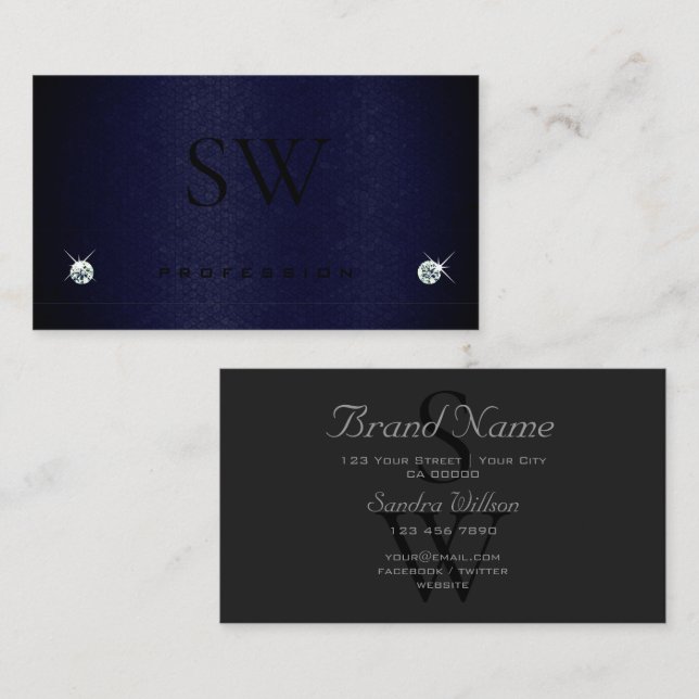 Tarjeta De Visita Elegante patrón de serpiente gris oscuro con monog (Anverso / Reverso)