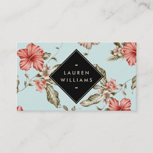 Tarjeta De Visita Elegante patrón floral Chinoiserie sobre azul vint (Anverso)