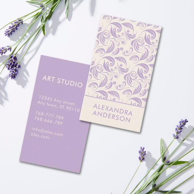 Tarjeta De Visita Elegante patrón floral de lavanda púrpura (Subido por el creador)
