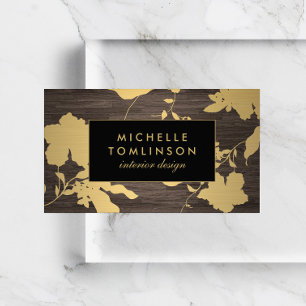 Tarjeta De Visita Elegante Patrón floral dorado Diseñador de madera 