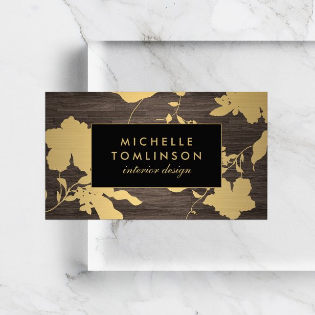 Tarjeta De Visita Elegante Patrón floral dorado Diseñador de madera  (Subido por el creador)