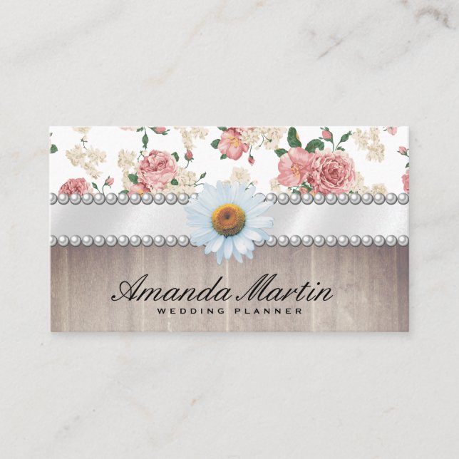 Tarjeta De Visita Elegante Patrón Floral Traje de madera y margarita (Anverso)