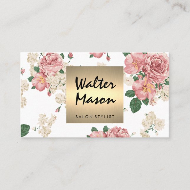 Tarjeta De Visita Elegante Patrón Floral Trampa de Oro Cuadrado (Anverso)