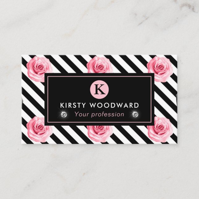 Tarjeta De Visita Elegante patrón Shabby Chic de Rosas rosados y neg (Anverso)