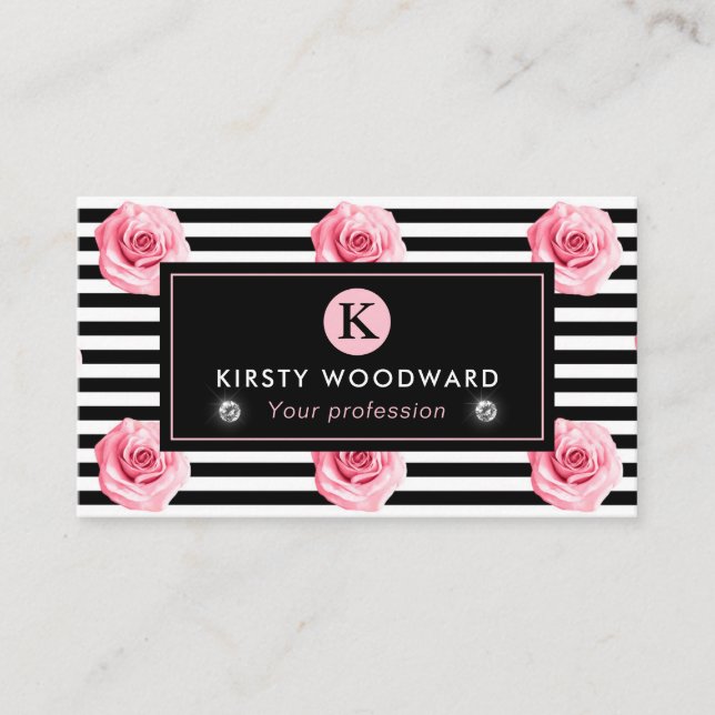 Tarjeta De Visita Elegante patrón Shabby Chic de Rosas rosados y neg (Anverso)
