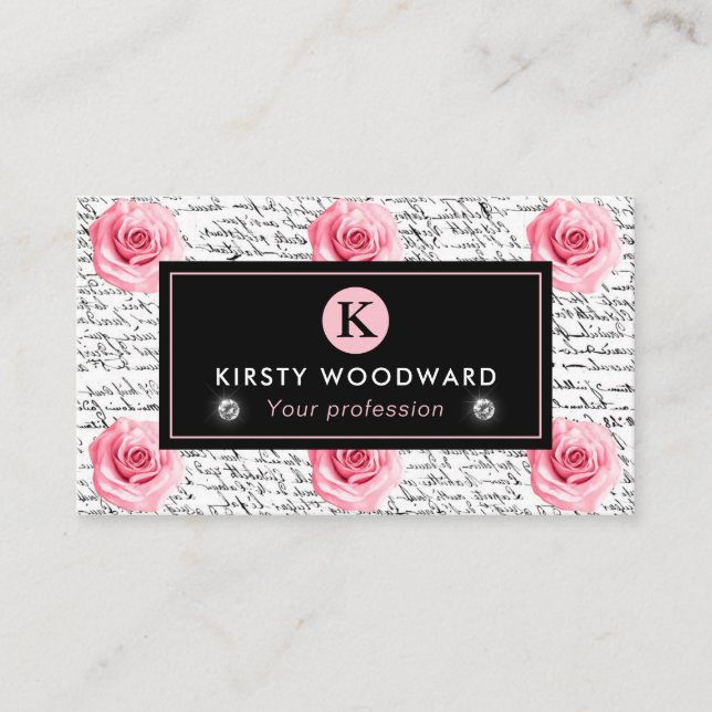 Tarjeta De Visita Elegante patrón Shabby Chic de Rosas rosados y neg (Anverso)