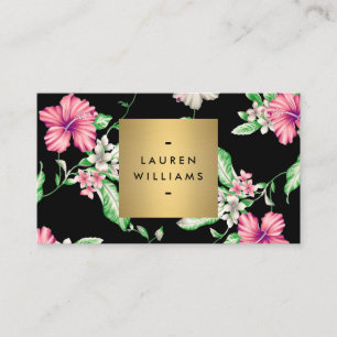Tarjeta De Visita Elegante patrón tropical floral sobre negro
