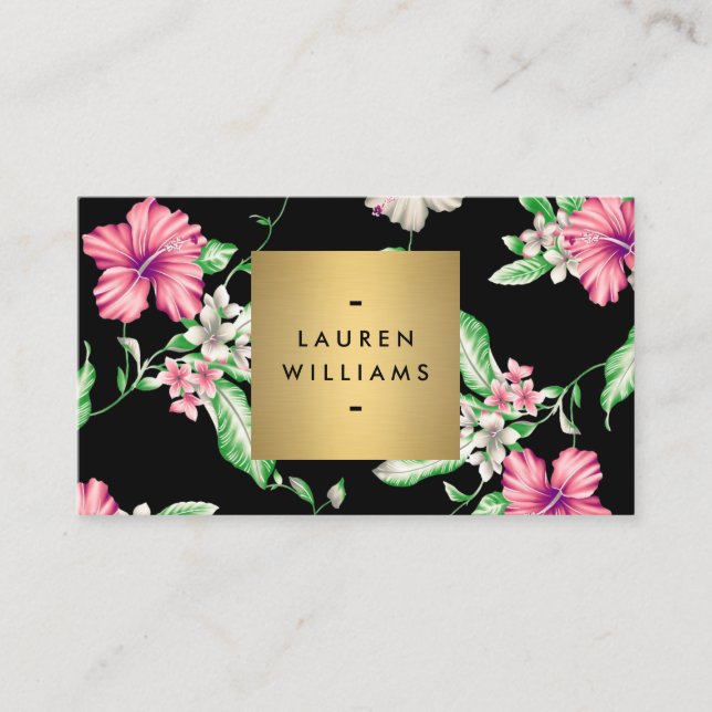 Tarjeta De Visita Elegante patrón tropical floral sobre negro (Anverso)