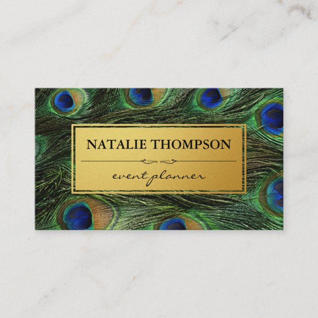 Tarjeta De Visita Elegante Peacock Feathers Faux Metallic Gold (Anverso)
