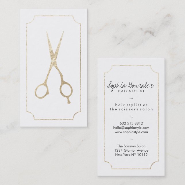Tarjeta De Visita Elegante pelo fino tijeras de oro tijeras de moda  (Anverso / Reverso)