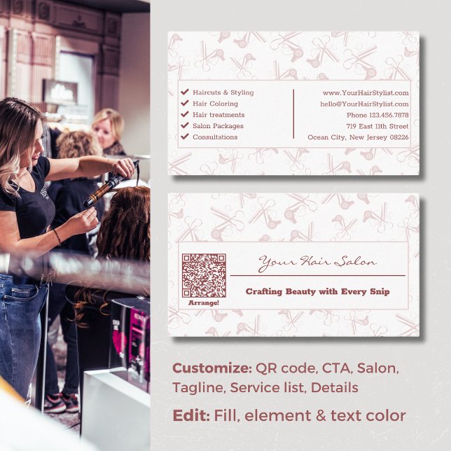 Tarjeta De Visita Elegante peluquero profesional rosa y blanco (Elegant Professional Pink & White Hairdresser Business Card)