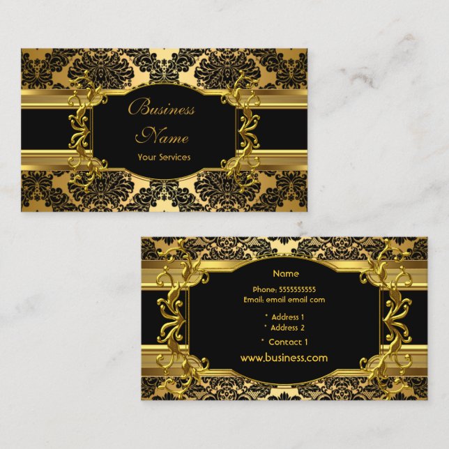 Tarjeta De Visita Elegante perfil floral de Damasco dorado elegante (Anverso / Reverso)