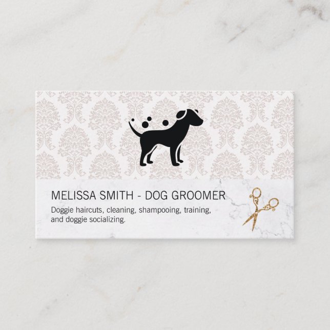 Tarjeta De Visita Elegante Perro Groomer | Moda de mármol de Damask (Anverso)