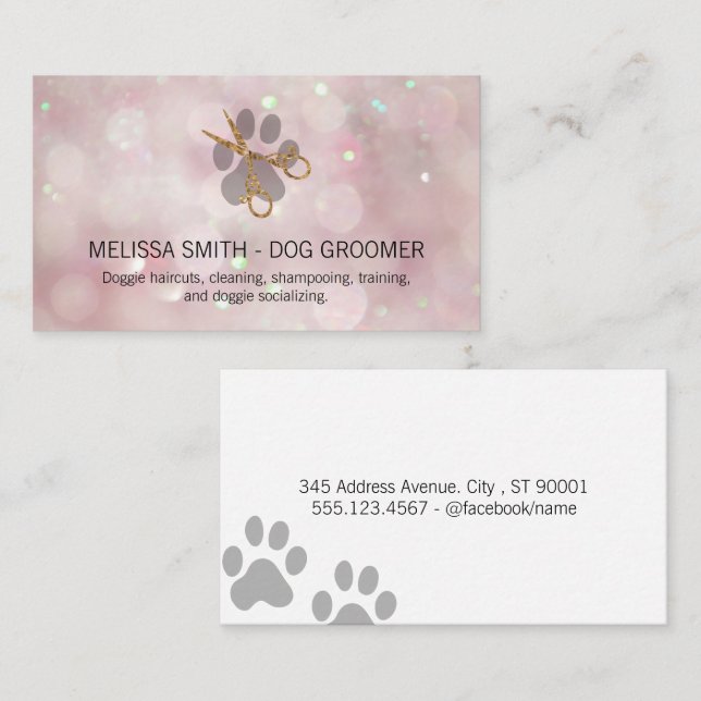Tarjeta De Visita Elegante Perro Groomer | Pink Bokeh (Anverso / Reverso)