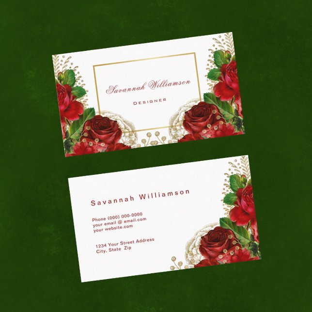Tarjeta De Visita Elegante Personalizable de oro de rosas rojas (Subido por el creador)