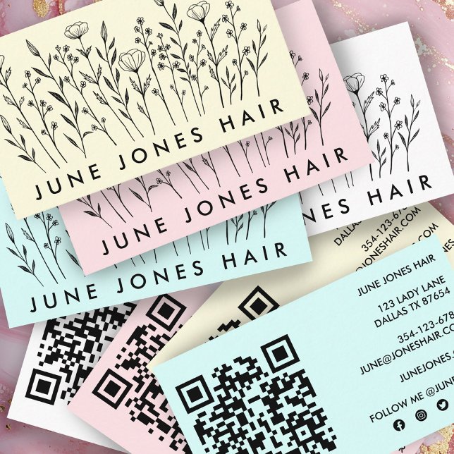 Tarjeta De Visita Elegante Personalizado de Flores Silvestres Código (Elegant Wildflowers Custom QR Code Social Icons Business Card
)
