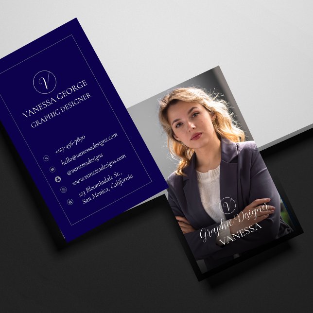 Tarjeta De Visita Elegante Personalizado de Monograma Moderno con fo (Elegant Cute Blue Photo Modern Monogram Custom Business Card)