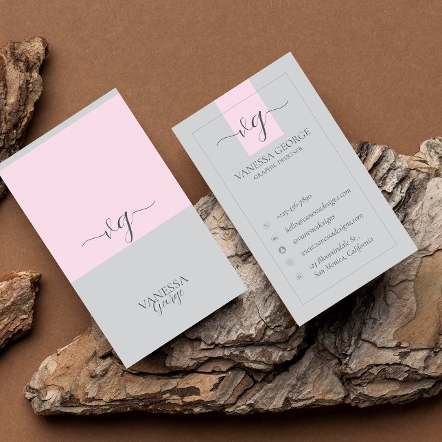 Tarjeta De Visita Elegante Personalizado de monograma moderno gris r (Elegant Cute Pink Grey Modern Monogram Custom Business Card)