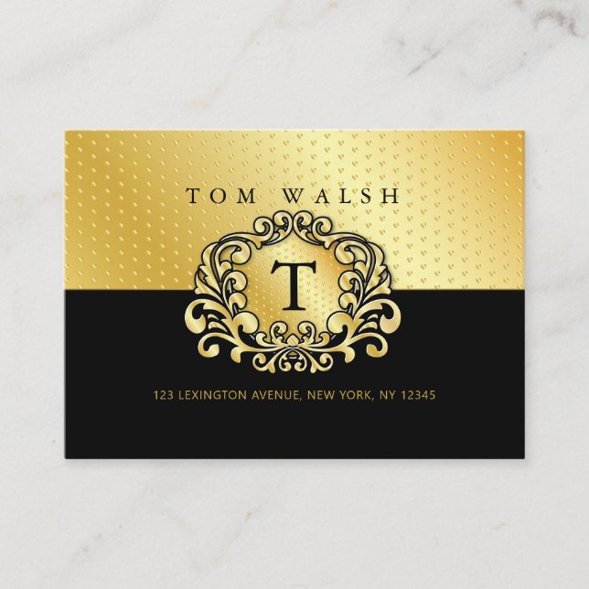 Tarjeta De Visita Elegante Personalizado Monograma Gold Black Busine (Anverso)