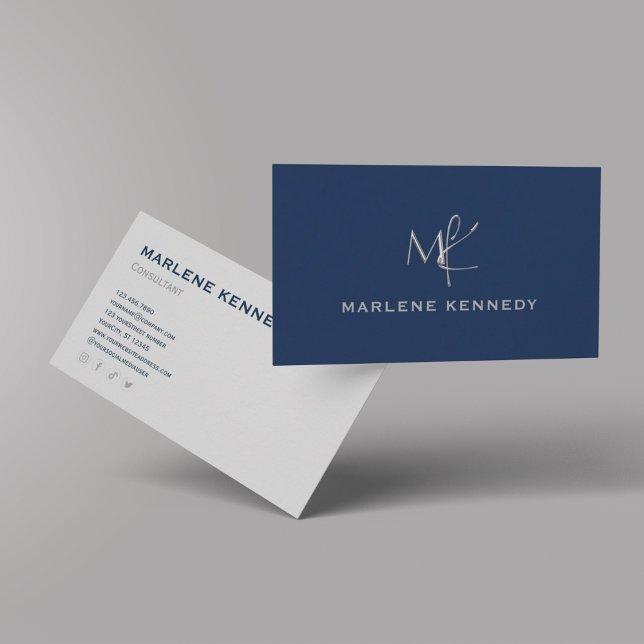 Tarjeta De Visita Elegante Personalizado Silver Monograma Marina Blu (Subido por el creador)