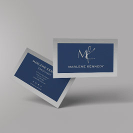Tarjeta De Visita Elegante Personalizado Silver Monograma Marina Blu