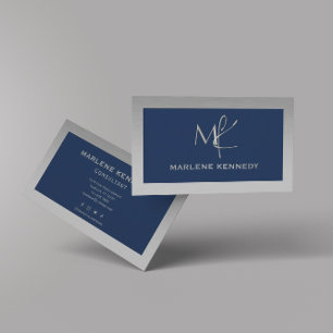 Tarjeta De Visita Elegante Personalizado Silver Monograma Marina Blu