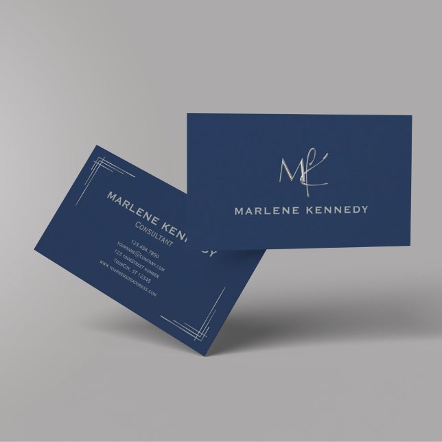 Tarjeta De Visita Elegante Personalizado Silver Monograma Marina Blu (Subido por el creador)