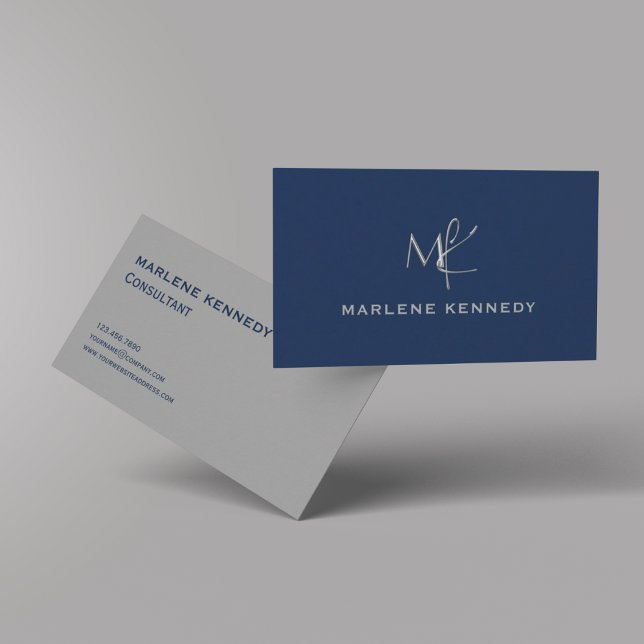 Tarjeta De Visita Elegante Personalizado Silver Monograma Marina Blu (Subido por el creador)