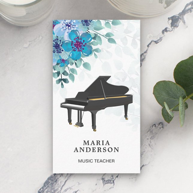 Tarjeta De Visita Elegante pianista floral azul de gran piano (Subido por el creador)