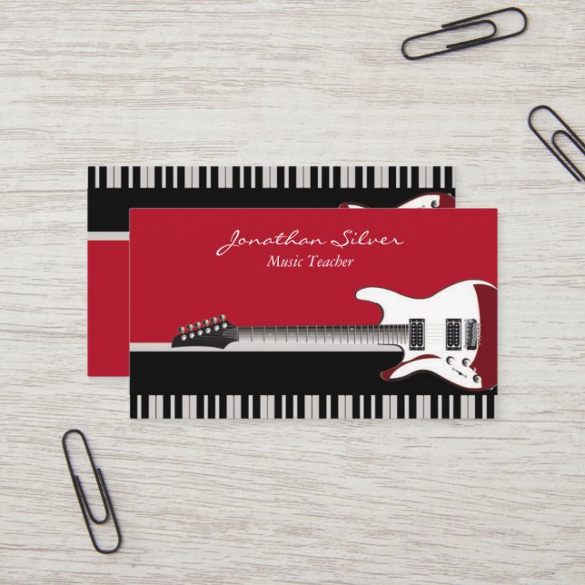 Tarjeta De Visita Elegante Piano Profesional Claves y Música Guitarr (Anverso/Reverso In Situ)