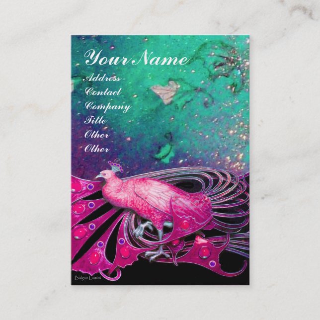 TARJETA DE VISITA ELEGANTE PICOCA ROSA EN DERRAMES DE FLORES AZULES  (Anverso)