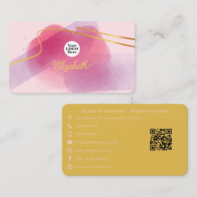 Tarjeta De Visita Elegante pincel rosa y dorado (Anverso / Reverso)