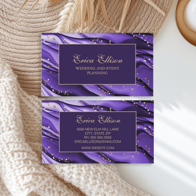 Tarjeta De Visita Elegante planificador de boda Purpurina de oro púr (Purple alcohol ink event planner business card )