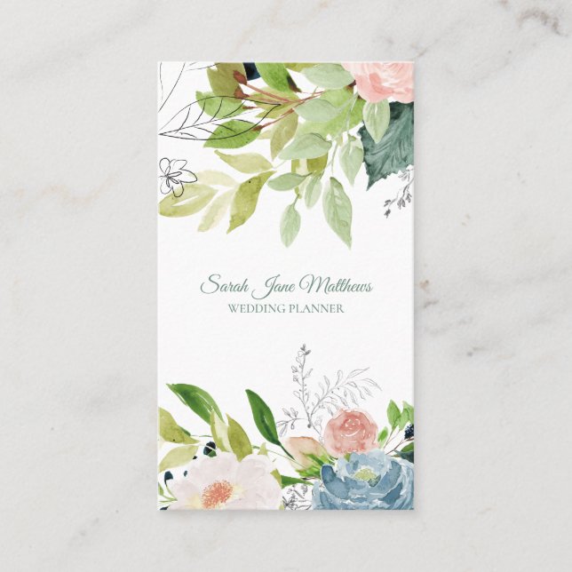 Tarjeta De Visita Elegante planificador de bodas botánicas de acuare (Anverso)