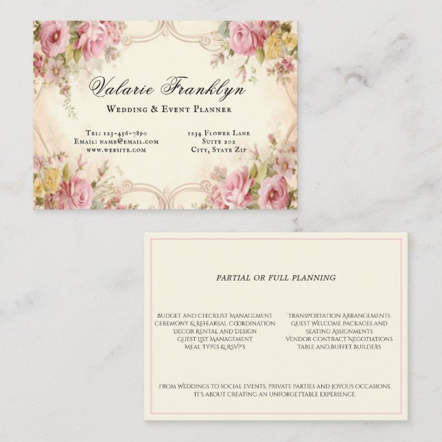 Tarjeta De Visita Elegante planificador de eventos Boda de rosas ros (Anverso / Reverso)