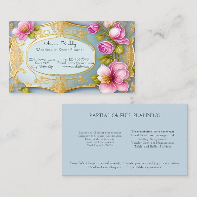 Tarjeta De Visita Elegante planificador de eventos Boda rosado de fi (Anverso / Reverso)