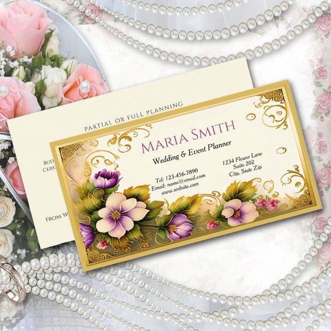 Tarjeta De Visita Elegante planificador de eventos de flores rosadas (Subido por el creador)