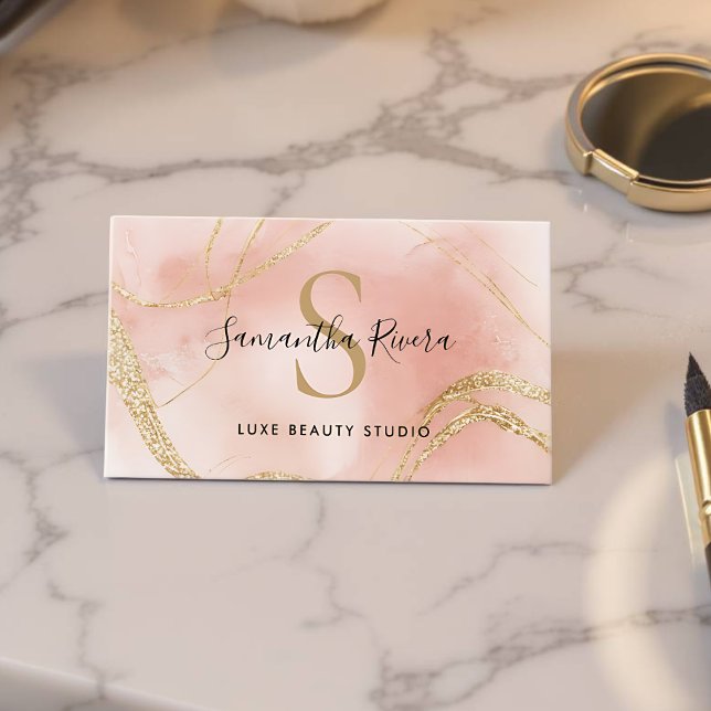 Tarjeta De Visita Elegante plantilla de monograma Rubor de mármol ro (Pink Marble Business Card - Front)