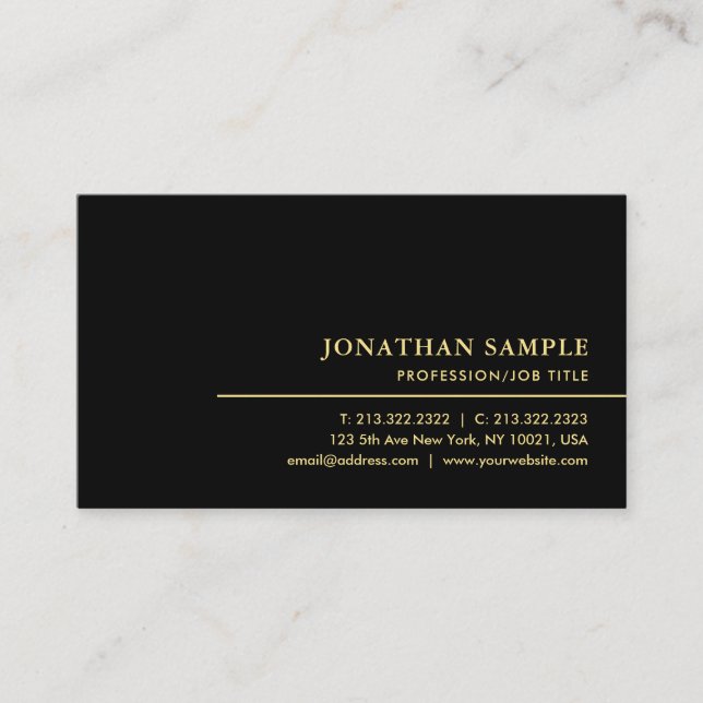 Tarjeta De Visita Elegante Plantilla Mínima Única En Negro Y Oro (Anverso)