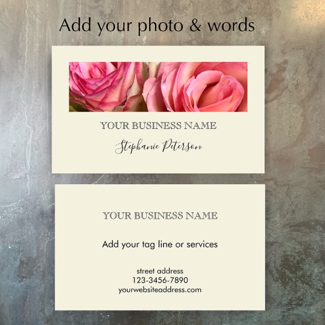 Tarjeta De Visita Elegante plantilla moderna de foto floral personal (Add your own photo and business contact details. This custom cream simple elegant business card.
)