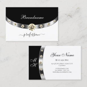 Tarjeta De Visita Elegante Plata  Monograma y Diamantes Negro Blanco