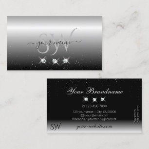 Tarjeta De Visita Elegante plata negro esparcen diamantes iniciales