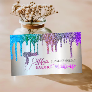 Tarjeta De Visita Elegante Plata, Salón de Belleza con Goteo de Bril