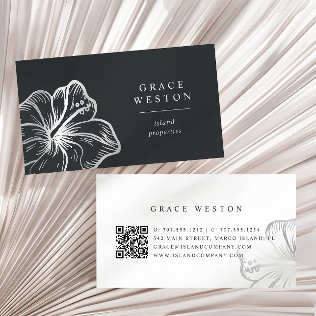 Tarjeta De Visita Elegante plata Tropical Hibiscus Flower QR Code (Subido por el creador)